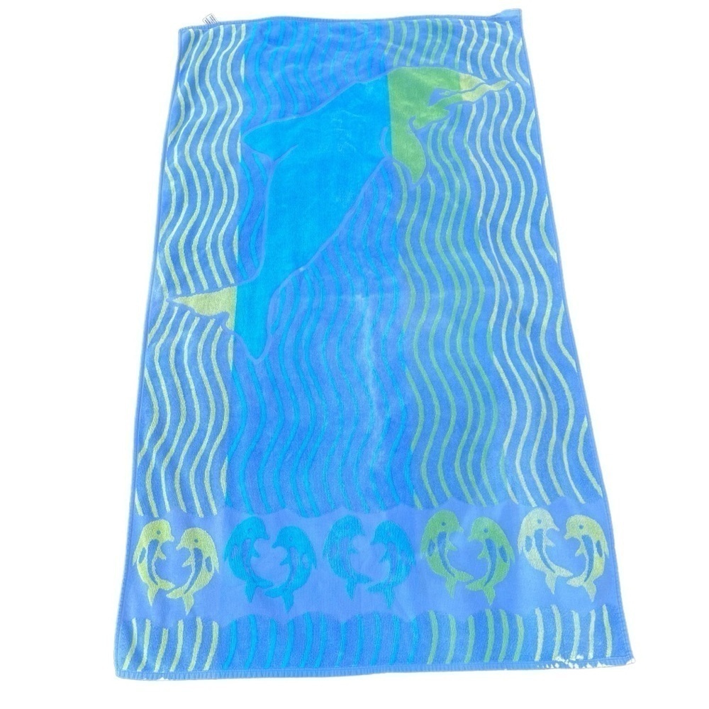Vintage Mervyn’s Dancing Dolphin Waves Cotton Beach Towel Blue Green 36x64 FLAWS